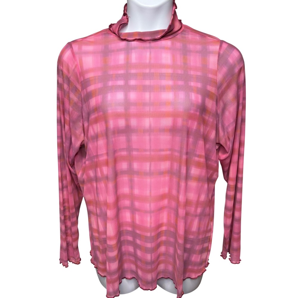 PILCRO x ANTHROPOLOGIE Womens Pink Plaid Sheer Mesh Top 2X E-Girl Edgy Layering